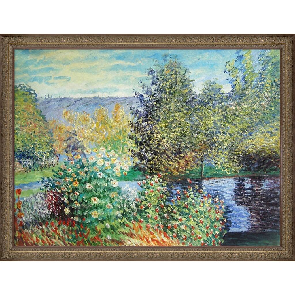La Pastiche Corner of the Garden at Montgeron by Claude Monet w/ Bronze Victorian Frame Oil Painting, 43.5" x 33.5"