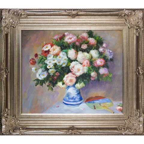 La Pastiche Chrysanthenums and Japanese Fan by Pierre-Auguste Renoir w/ Dark Champagne Renaissance Framed Art, 34" x 30"