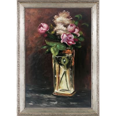 La Pastiche Flowers in A Crystal Vase II by Edouard Manet with Silver Versailles Antiqued King Frame Oil Painting, 42" x 30"