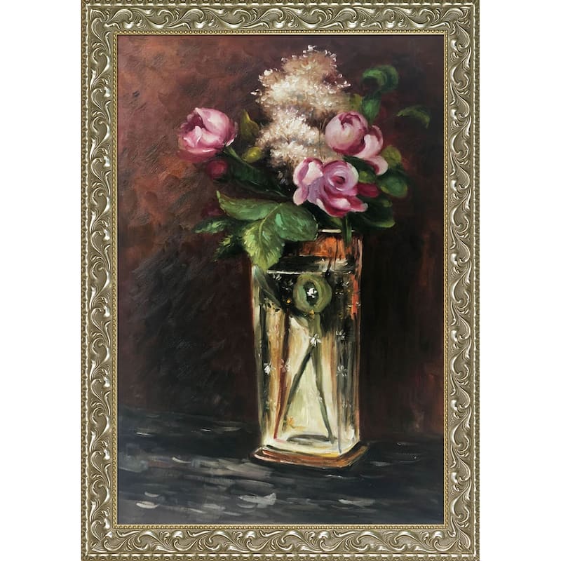 La Pastiche Flowers in A Crystal Vase II by Edouard Manet with Silver and Gold Rococo Frame Oil Painting, 41.5" x 29.5" - N/A