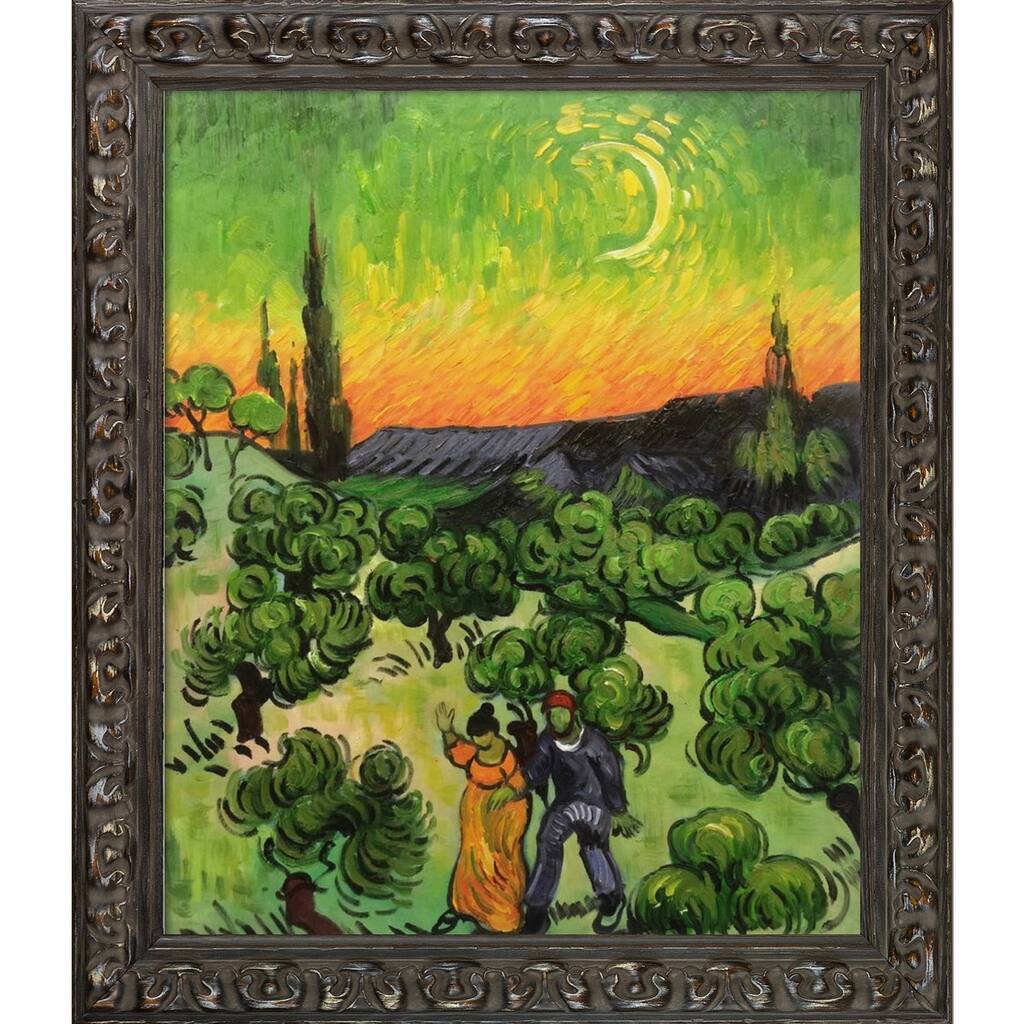 La Pastiche Landscape Couple Walking and Crescent Moon by Vincent Van Gogh Black Brimfield Weathered Framed Art, 29" x 25"
