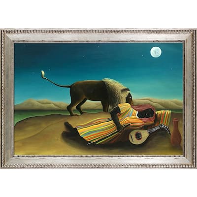 La Pastiche The Sleeping Gypsy by Henri Rousseau with Silver Versailles Antiqued King Frame Oil Painting Wall Art, 42" x 30"