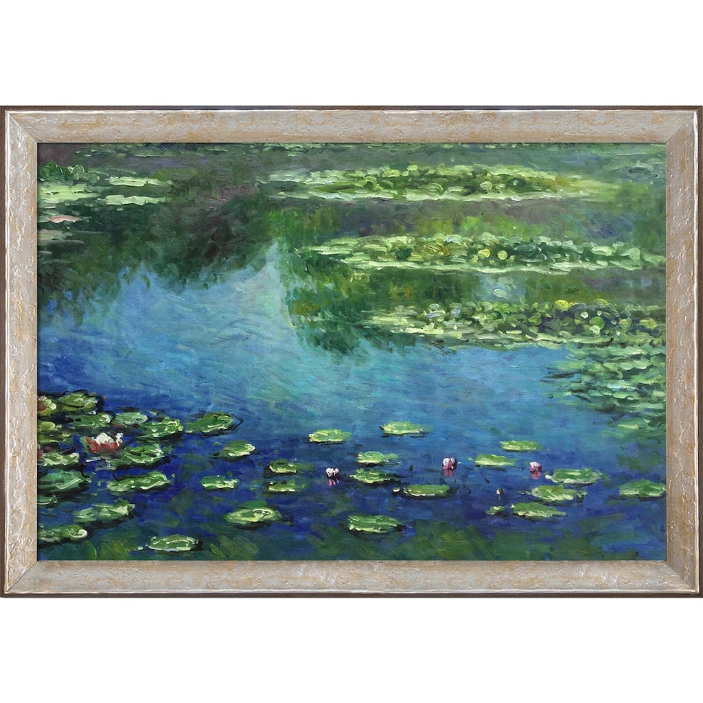 La Pastiche by overstockArt Water Lilies by Claude Monet with Silver Luna Distressed Frame Oil Painting Wall Art, 40" x 28"