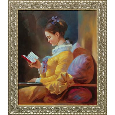 La Pastiche The Reader by Jean-Honore Fragonard with Silver and Gold Rococo Antiqued Frame Oil Painting Wall Art, 29.5" x 25.5"