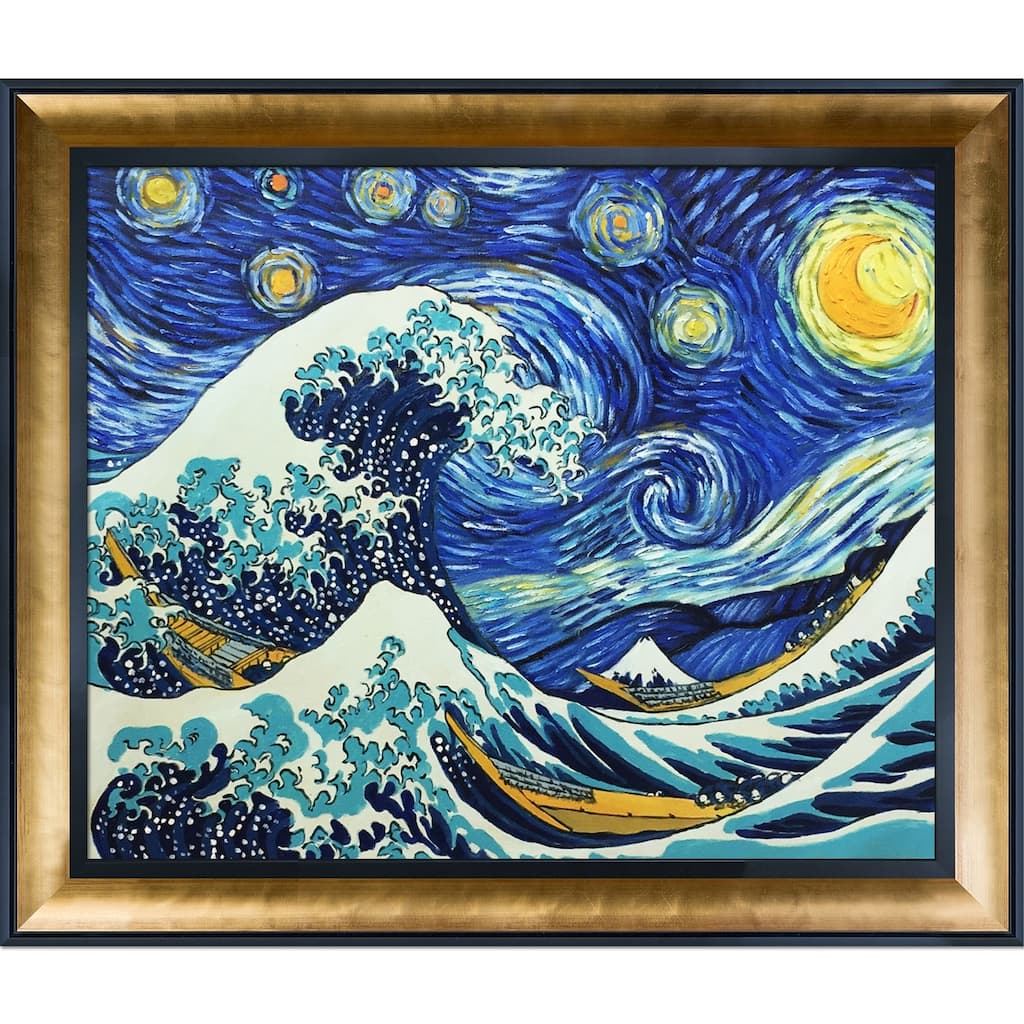 La Pastiche Starry Night Wave Collage w/ Black and Gold Luminoso Stacked Frame Oil Painting, 29.5" x 25.5"