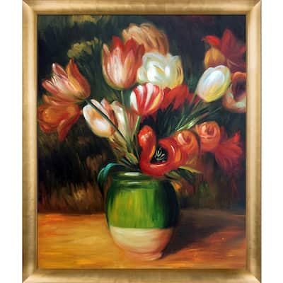 La Pastiche by overstockArt Tulips in a Vase by Pierre-Auguste Renoir with Gold Luminoso Frame Oil Painting Wall Art, 27" x 23"