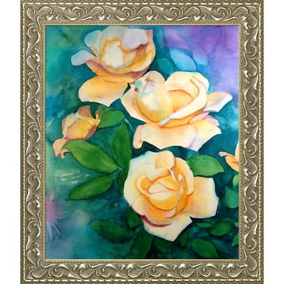 ArtistBe by overstockArt Yellow Roses by Lynne Atwood with Silver and Gold Rococo Antiqued Frame Canvas Wall Art, 29.5" x 25.5"