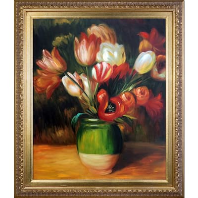 La Pastiche Tulips in a Vase by Pierre-Auguste Renoir with Gold Elegant Wood Frame Oil Painting Wall Art, 30" x 26"