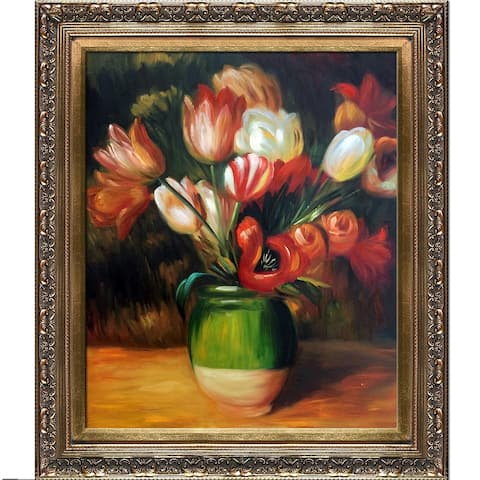 La Pastiche Tulips in a Vase by Pierre-Auguste Renoir with Gold Baroque Antiqued Frame Oil Painting Wall Art, 29.5" x 25.5"