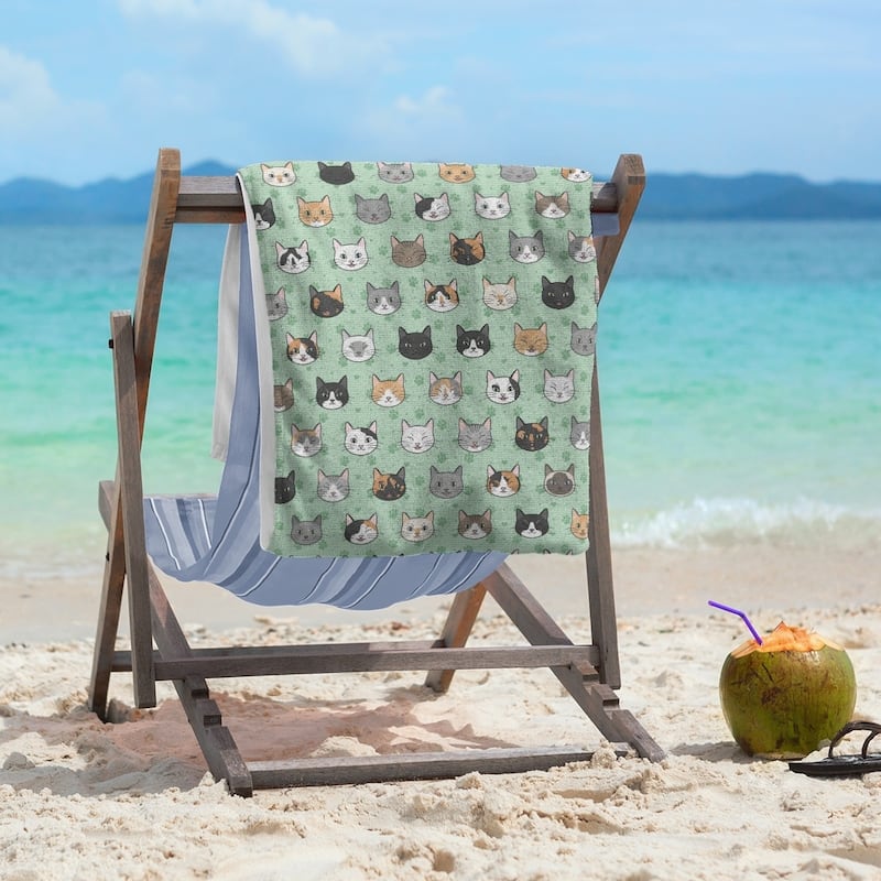 Porch & Den Alecia Kitty Cat Pattern Beach Towel - 36 x 72 - Microfiber - Green