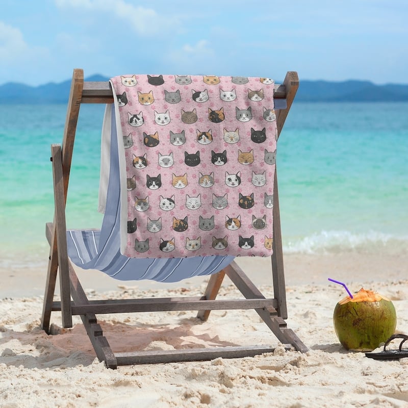 Porch & Den Alecia Kitty Cat Pattern Beach Towel - 36 x 72 - Microfiber - Pink