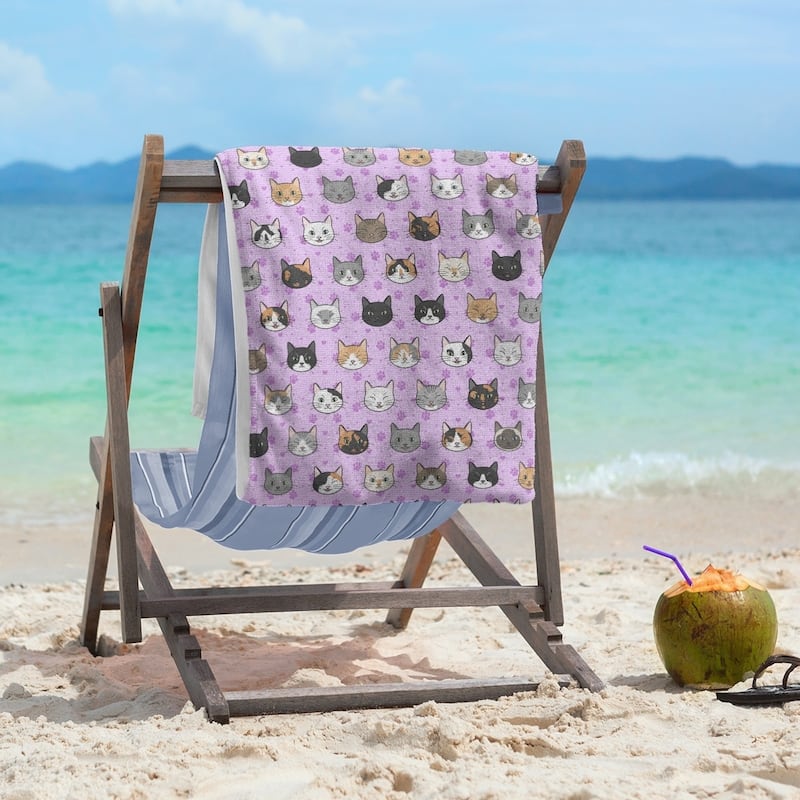 Porch & Den Alecia Kitty Cat Pattern Beach Towel - 36 x 72 - Cotton - Violet