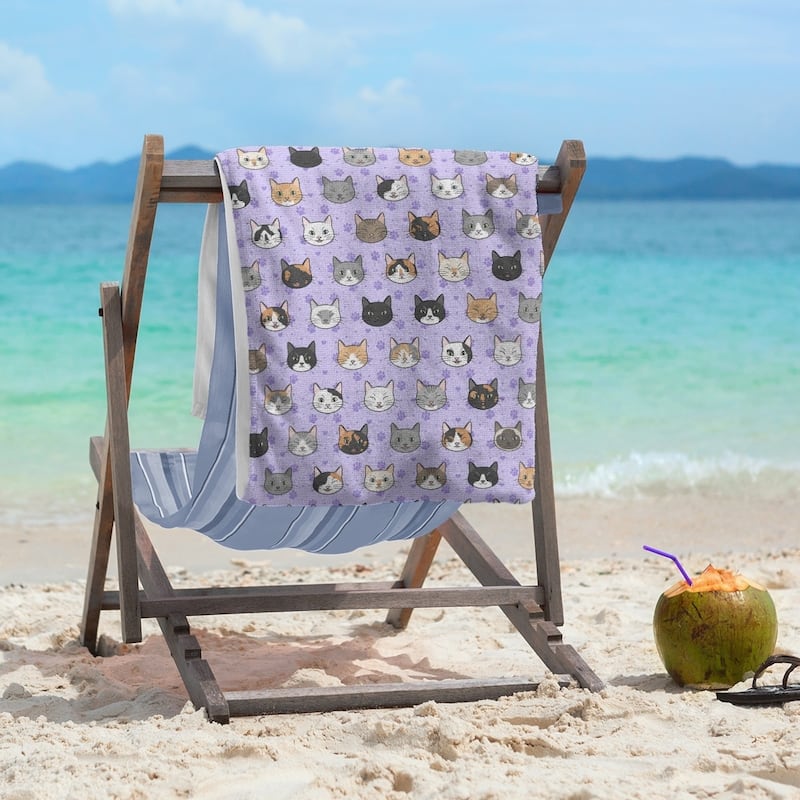 Porch & Den Alecia Kitty Cat Pattern Beach Towel - 36 x 72 - Microfiber - Purple