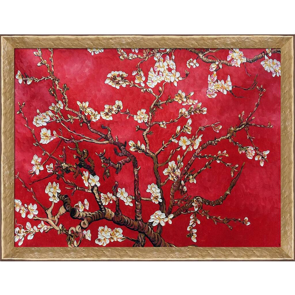 La Pastiche Branches of an Almond Tree in Blossom, Ruby Red by Vincent Van Gogh with Gold Luna Frame Oil Painting, 44" x 34"