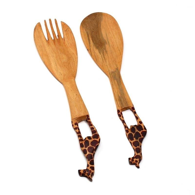 Hand-Carved Safari Animal Wooden Salad Serving Set - Flat Giraffe