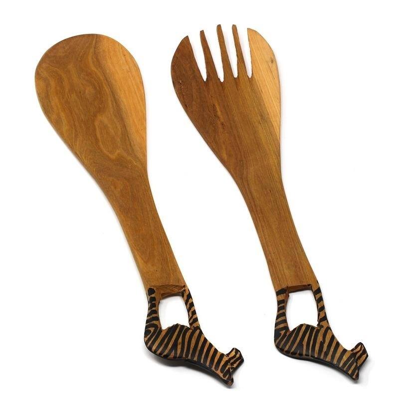 Hand-Carved Safari Animal Wooden Salad Serving Set - Flat Zebra