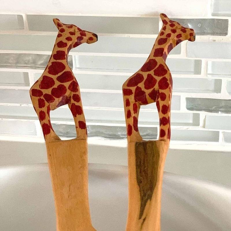 Hand-Carved Safari Animal Wooden Salad Serving Set