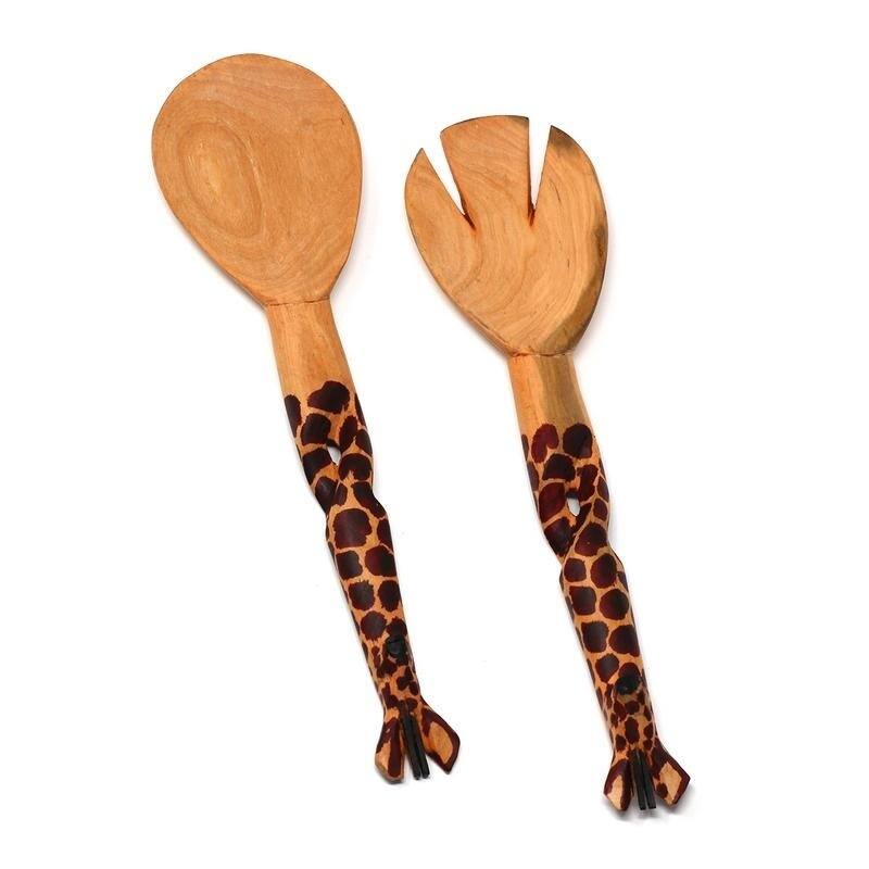 Hand-Carved Safari Animal Wooden Salad Serving Set - Giraffe