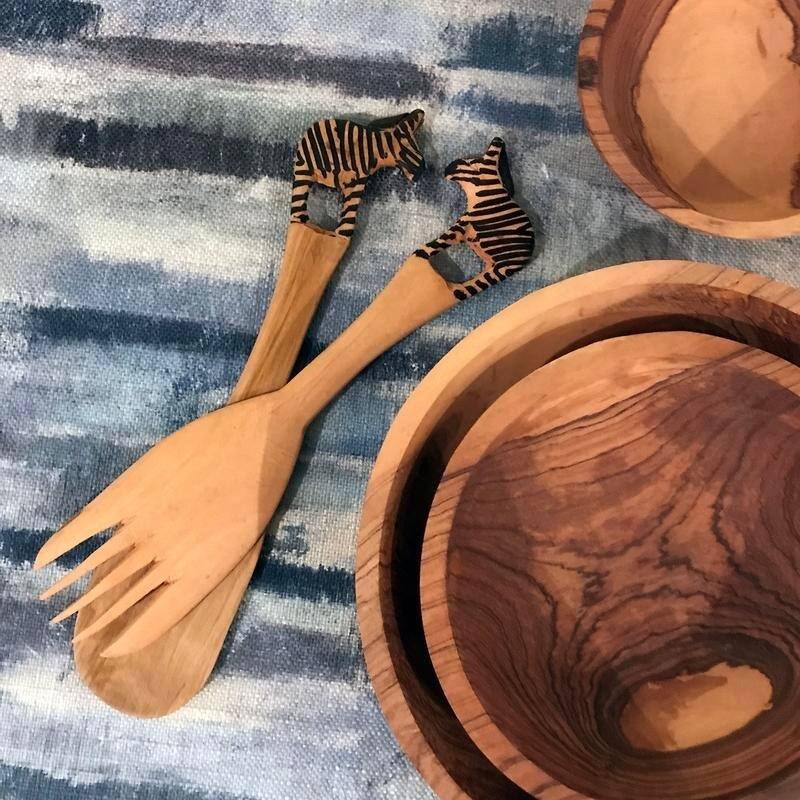 Hand-Carved Safari Animal Wooden Salad Serving Set