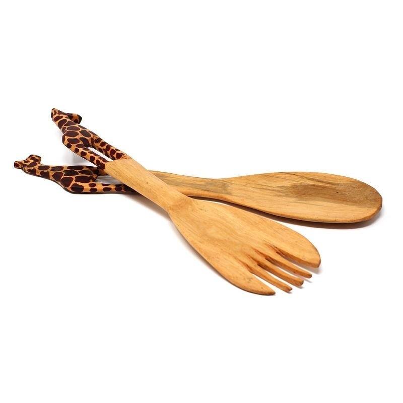 Hand-Carved Safari Animal Wooden Salad Serving Set