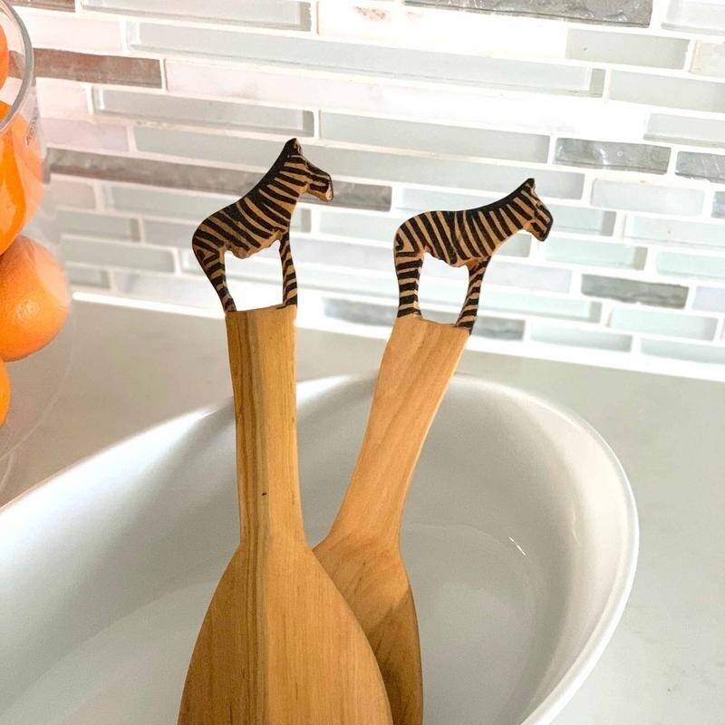 Hand-Carved Safari Animal Wooden Salad Serving Set