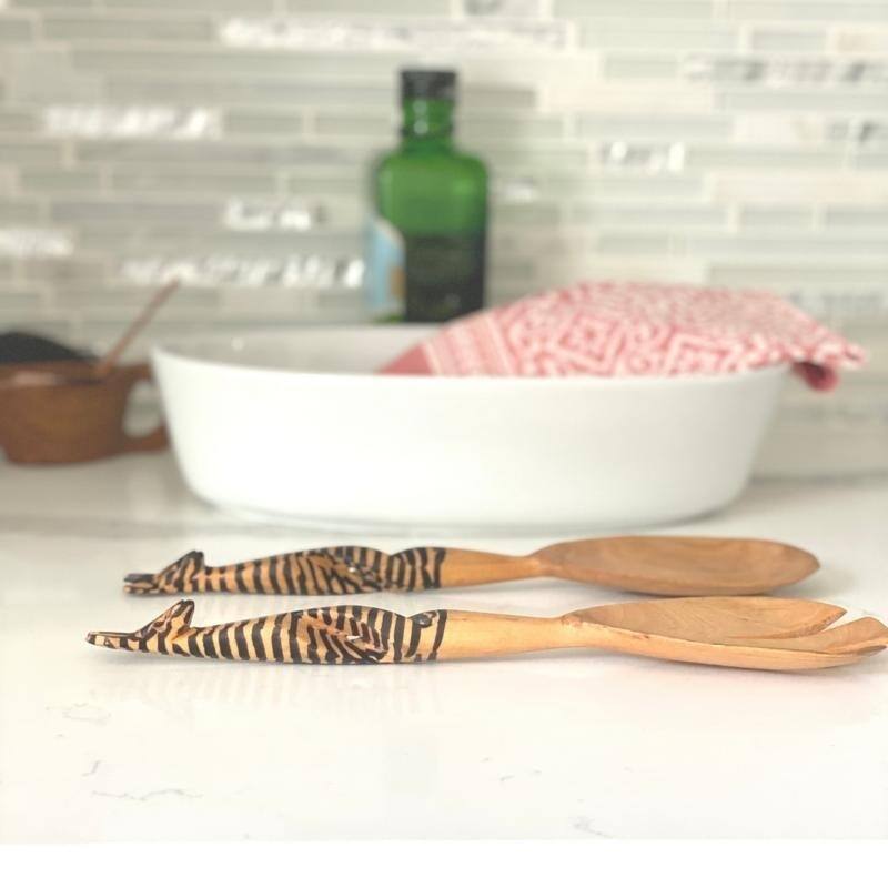 Hand-Carved Safari Animal Wooden Salad Serving Set