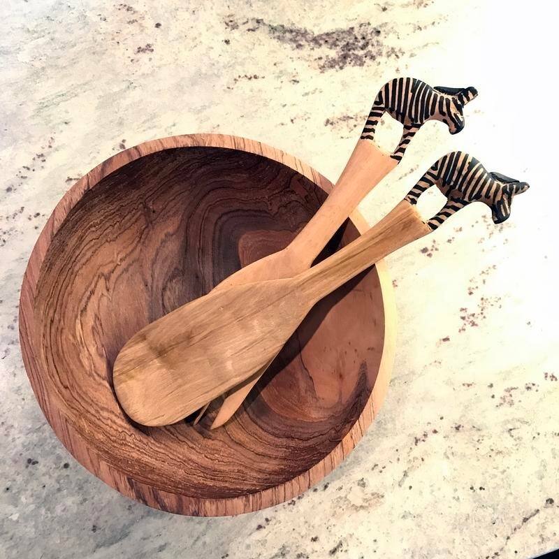 Hand-Carved Safari Animal Wooden Salad Serving Set