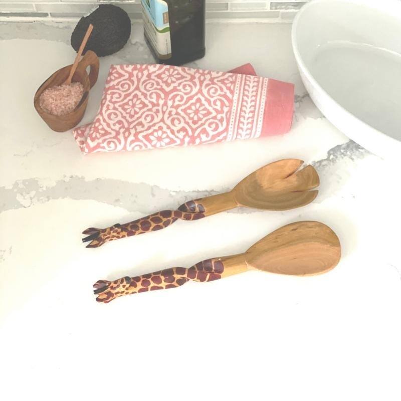 Hand-Carved Safari Animal Wooden Salad Serving Set