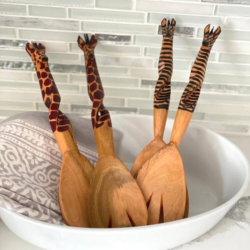 Hand-Carved Safari Animal Wooden Salad Serving Set