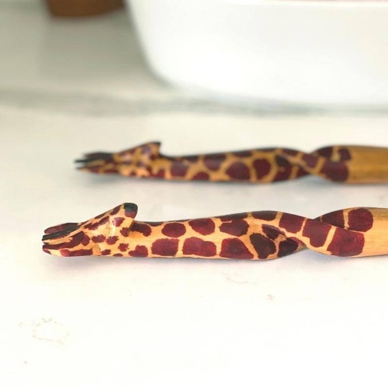 Hand-Carved Safari Animal Wooden Salad Serving Set