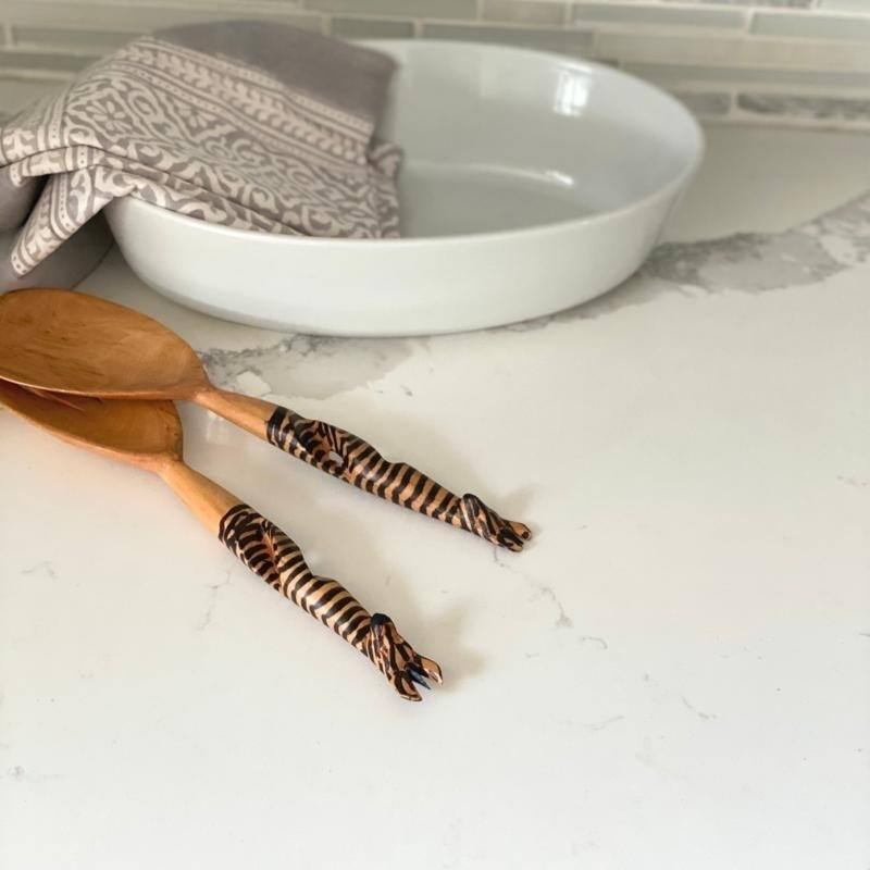 Hand-Carved Safari Animal Wooden Salad Serving Set