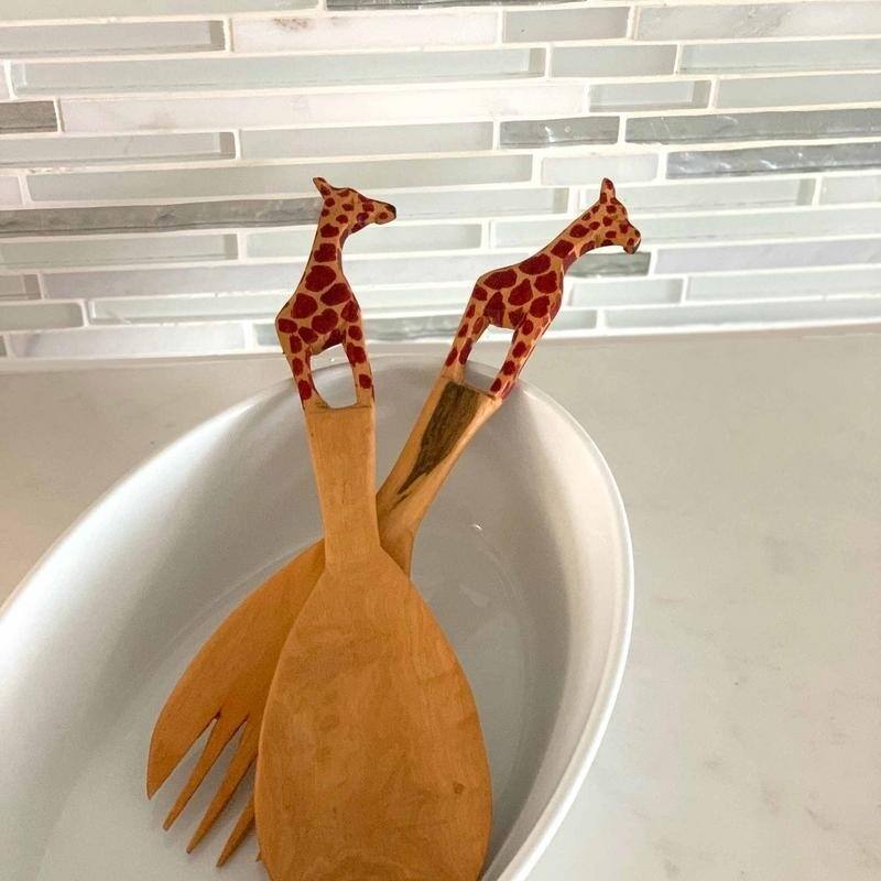 Hand-Carved Safari Animal Wooden Salad Serving Set