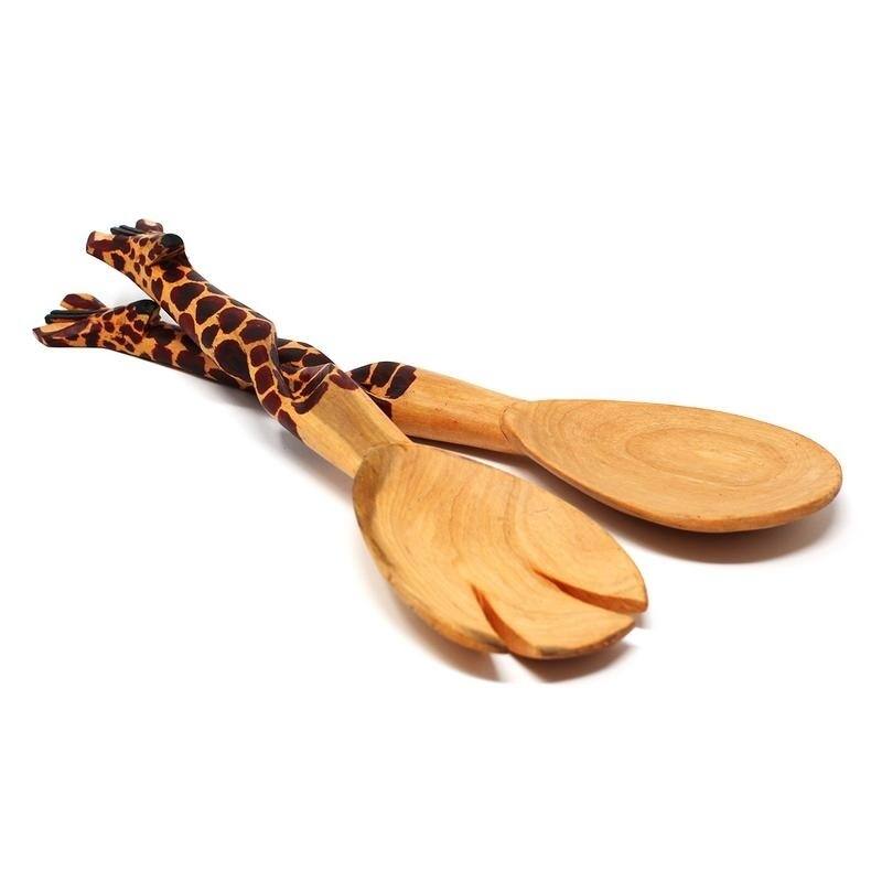 Hand-Carved Safari Animal Wooden Salad Serving Set - Zebra