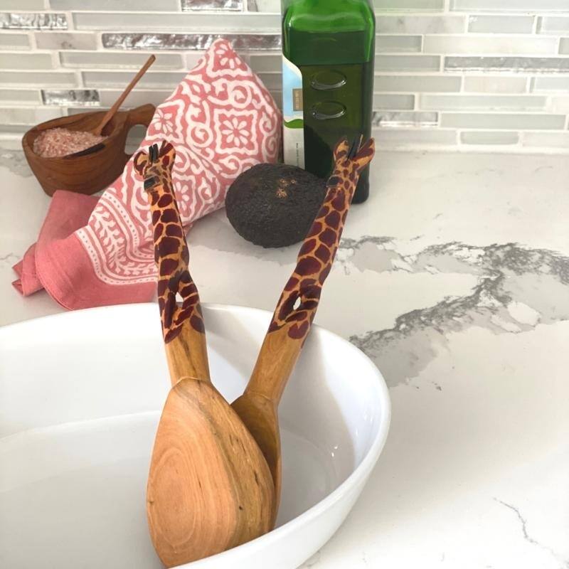 Hand-Carved Safari Animal Wooden Salad Serving Set