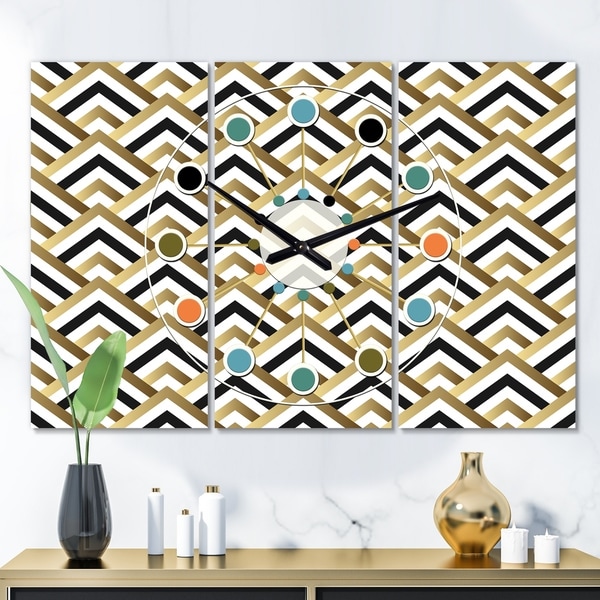 Designart 'Gold black and white triangle' Oversized Mid-Century wall clock - 3 Panels - 36 in. wide x 28 in. high - 3 Panels