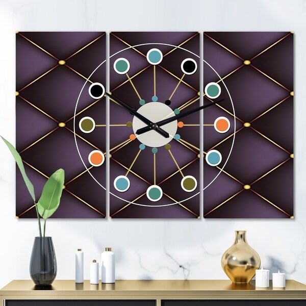 Designart 'Quilted pattern' Oversized Mid-Century wall clock - 3 Panels - 36 in. wide x 28 in. high - 3 Panels