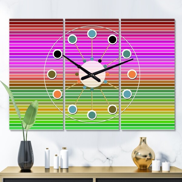 Designart 'Horizontal Retro Geometrical Pattern II' Oversized Mid-Century wall clock - 3 Panels