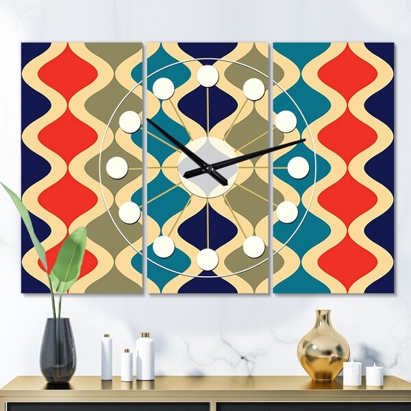 Designart 'Retro Ornamental Design VI' Oversized Mid-Century wall clock - 3 Panels - 36 in. wide x 28 in. high - 3 Panels