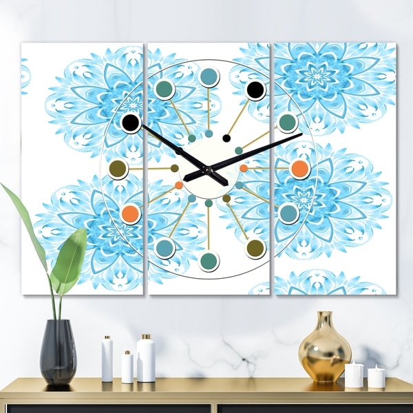 Designart 'Circular Geometric In Blue' Oversized Mid-Century wall clock - 3 Panels - 36 in. wide x 28 in. high - 3 Panels