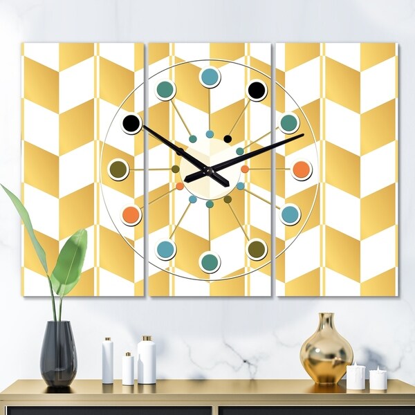 Designart 'Gold and White Geometric Pattern I' Oversized Mid-Century wall clock - 3 Panels