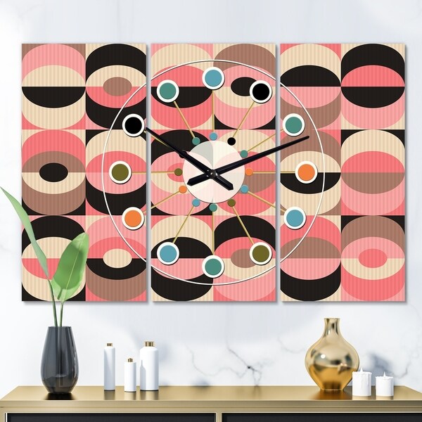 Designart 'Retro Geometric Design XI' Oversized Mid-Century wall clock - 3 Panels - 36 in. wide x 28 in. high - 3 Panels
