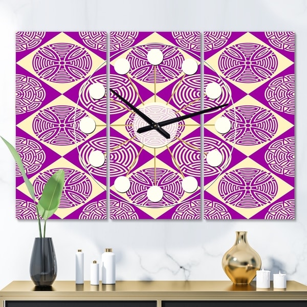 Designart 'Retro Abstract Pattern Design I' Oversized Mid-Century wall clock - 3 Panels - 36 in. wide x 28 in. high - 3 Panels