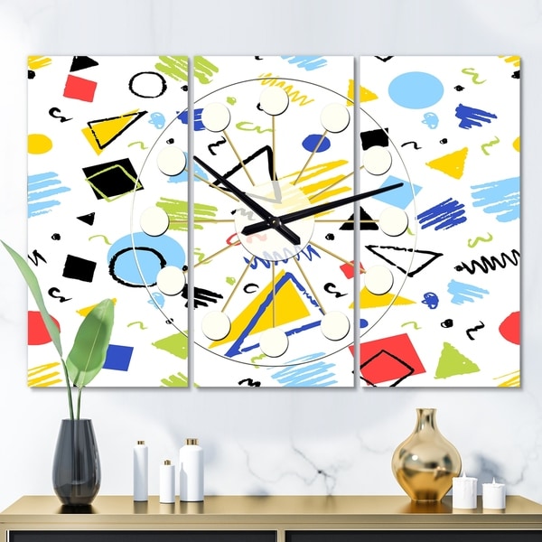 Designart 'Geometric Retro Design III' Oversized Mid-Century wall clock - 3 Panels - 36 in. wide x 28 in. high - 3 Panels