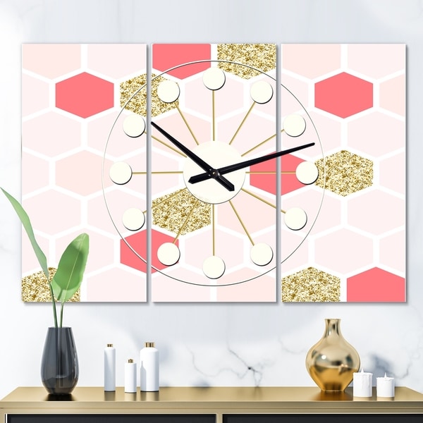 Designart 'Gold Chic Design I' Oversized Mid-Century wall clock - 3 Panels - 36 in. wide x 28 in. high - 3 Panels
