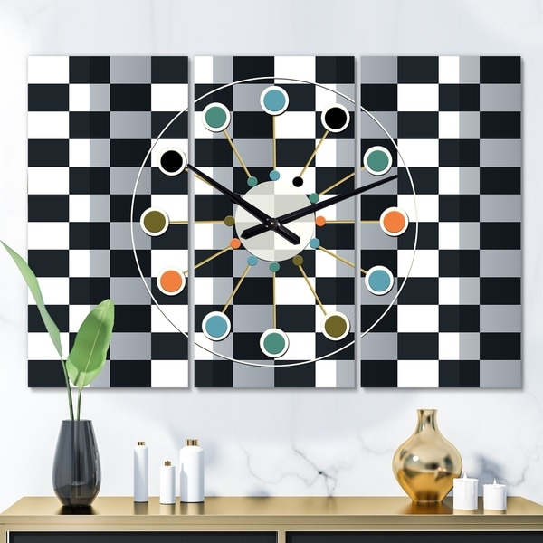 Designart 'Geometric Monochrome Pattern I' Oversized Mid-Century wall clock - 3 Panels - 36 in. wide x 28 in. high - 3 Panels