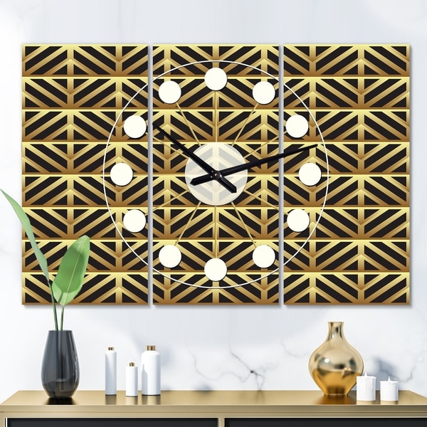 Designart 'Golden Luxury Metallic Geometrics XIV' Oversized Mid-Century wall clock - 3 Panels