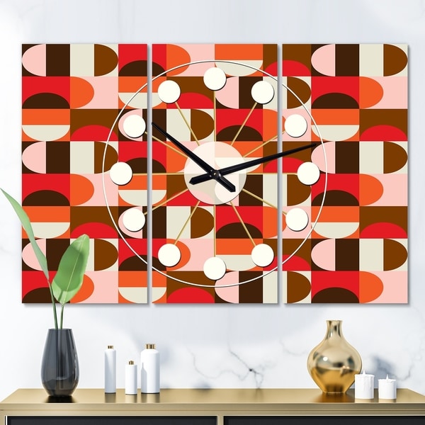 Designart 'Retro Geometric Design II' Oversized Mid-Century wall clock - 3 Panels - 36 in. wide x 28 in. high - 3 Panels. Opens flyout.