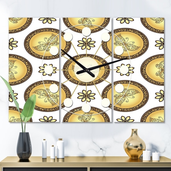 Designart 'Gold and browne pattern with gradient vintage circles' Oversized Mid-Century wall clock - 3 Panels. Opens flyout.