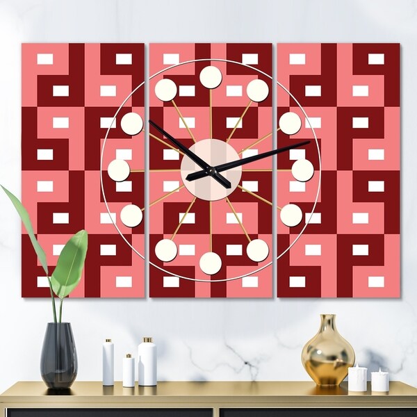Designart 'Retro Abstract Pattern Design IV' Oversized Mid-Century wall clock - 3 Panels - 36 in. wide x 28 in. high - 3 Panels