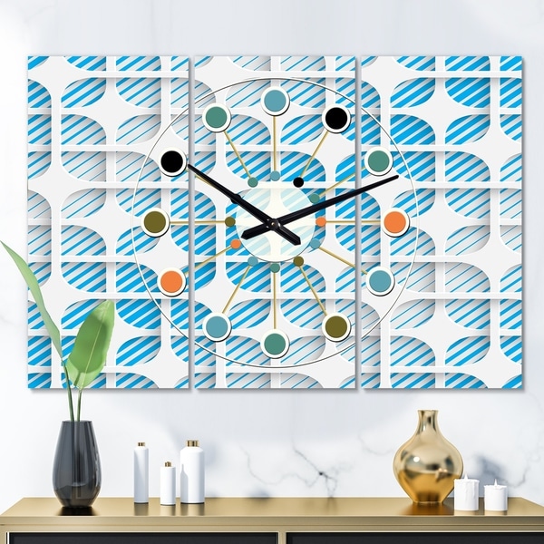 Designart '3D White and Blue Pattern II' Oversized Mid-Century wall clock - 3 Panels - 36 in. wide x 28 in. high - 3 Panels